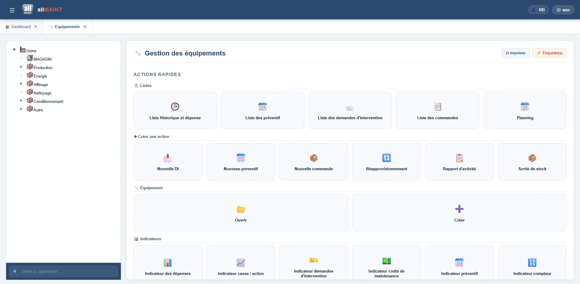 Gestion des équipements dans allMAINT Web