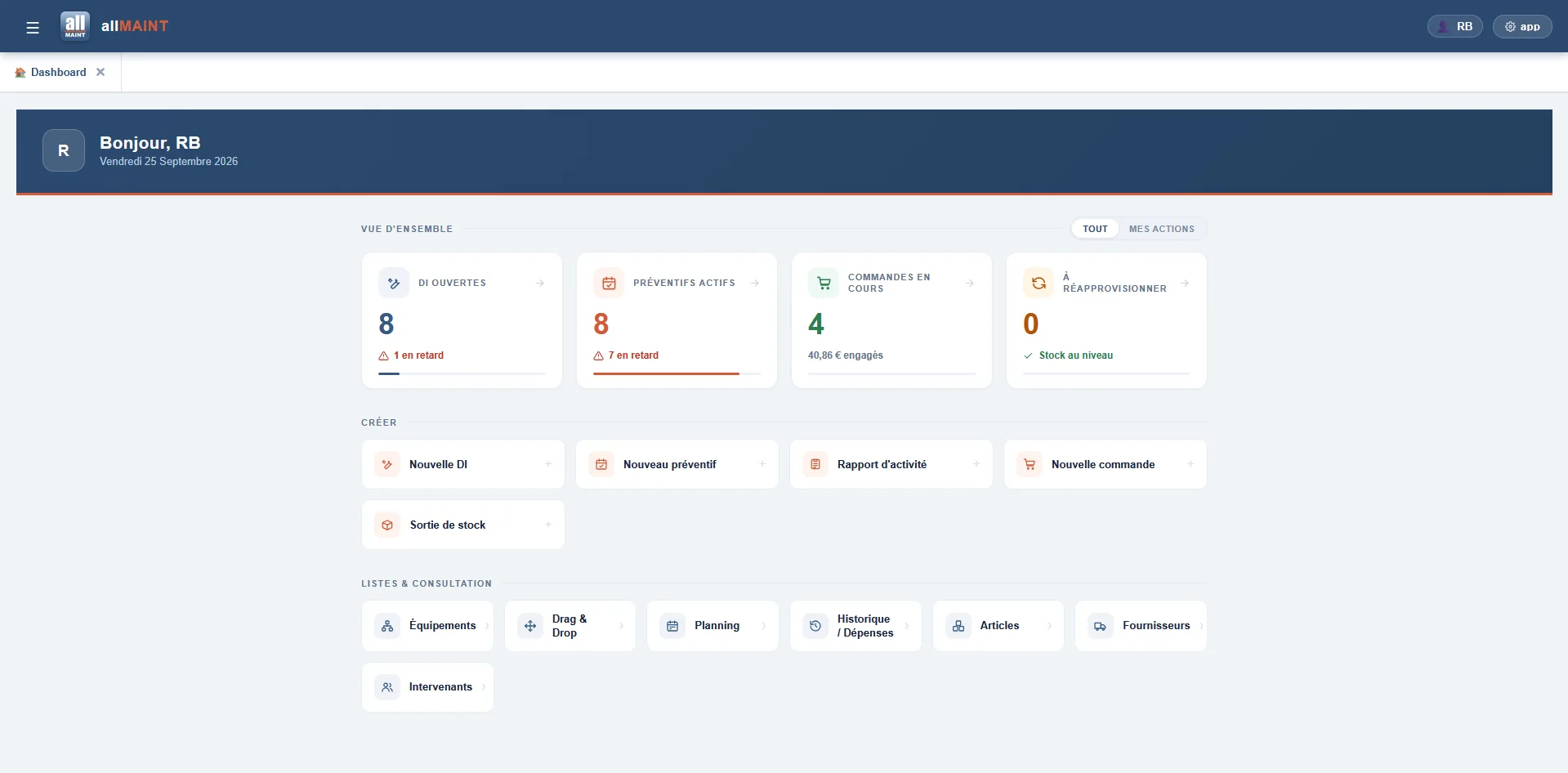 Tableau de bord d’allMAINT Web
